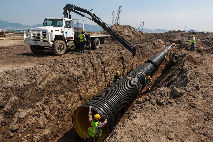 Boom truck lowering a length of large HDPE pipe into a prepared trench
